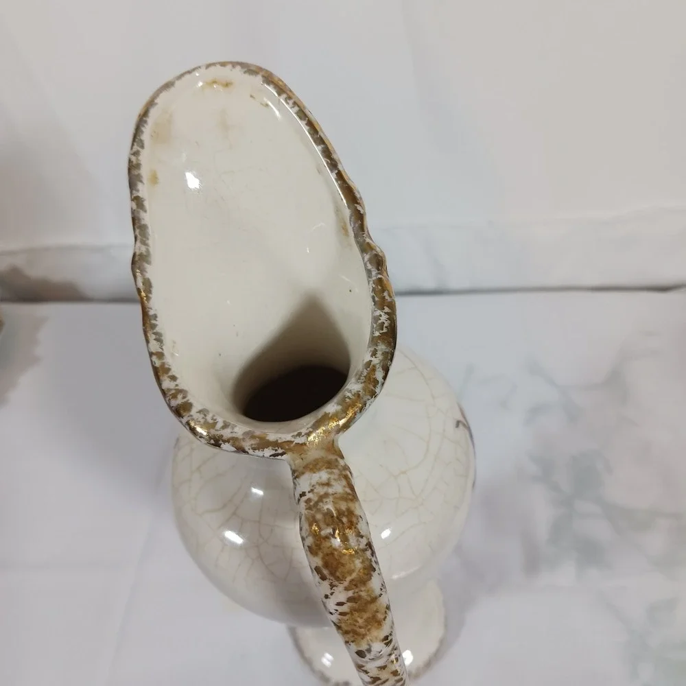Vintage Pitcher Vase Home Decor Med Cream Good Floral Crackle Glaze Gold Trim